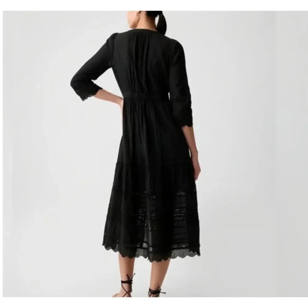 Gap Women's Black Textured Crinkle Lace Midi Dress Sz. S Tall - Picture 2 of 12